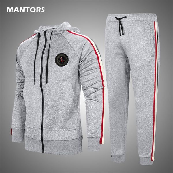 

sportswear men hooded tracksuit autumn winter mens sets brand track suit casual striped jacket+pants 2pcs women tracksuits 201109, Gray