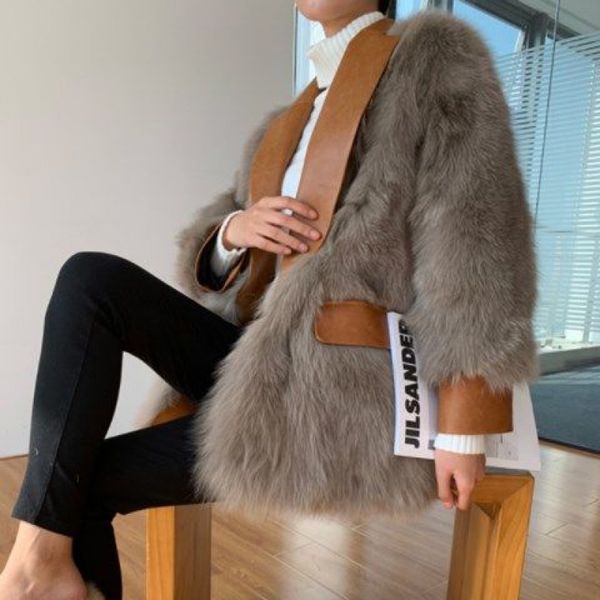 

2020 new winter women elegant faux fox fur coat lady casual warm leather coats female long sleeve outerwear, Tan;black