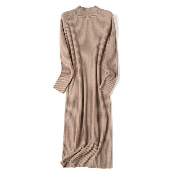 

bygouby elegant turtleneck knitted sweater dress women long knit straight dress solid pullover christmas party dress robe femme 201027, Black;gray