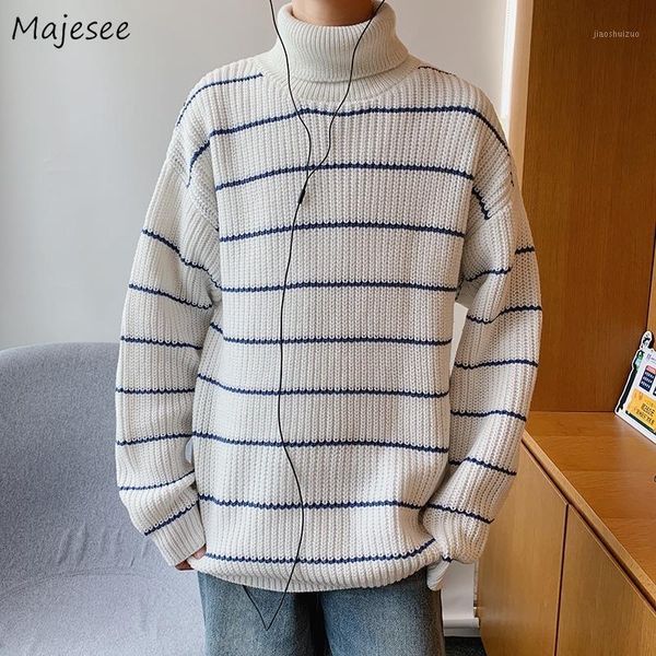 

men turtleneck sweater pullover striped korean fashion trendy big size 2xl simple loose casual leisure students thicken warm1, White;black