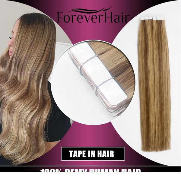 

forever hair 2.0g/pc tape in natural human hair extensions ash blonde european skin weft remy hair extension 16\" 18\" 20\" w, Black