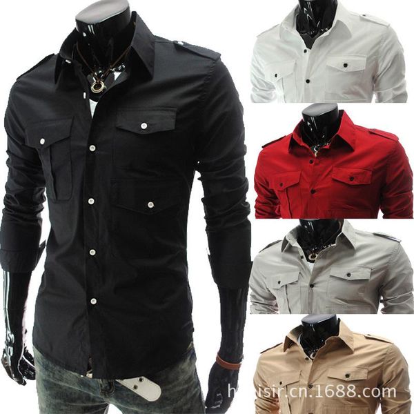 

coldker men's long sleeve shirts solid pattern turn-down collar pocket blouse for male casual slim fit clothing man, White;black