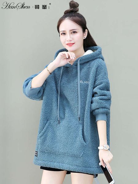 

lambskin sweater women's autumn / winter 2020 new loose korean hooded coat with cashmere thickening, Black