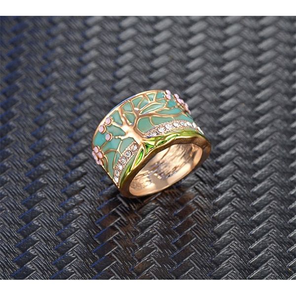 

lucky flower tree rings fashion gold pink opal green enamel wide ring for woman party crystal vintage jewelry new 201218, Golden;silver