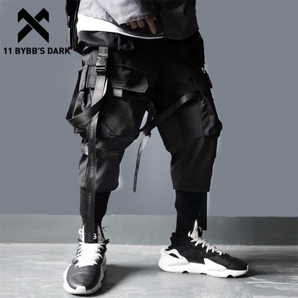 

11 bybb's dark ribbons multi pockets cargo pants men harajuku casual track trouser hip hop streetwear techwear pants joggers men 201125, Black