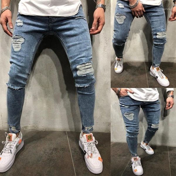 

jeans men's distressed stretch ripped jeans men hip hop slim fit punk denim cotton pants zipper jean mens clothing1, Blue