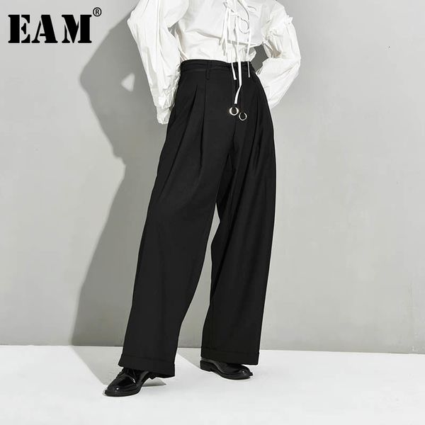

[eam] high waist black pleated bandage long wide leg trousers new loose fit pants women fashion tide spring autumn 2020 lj201130, Black;white