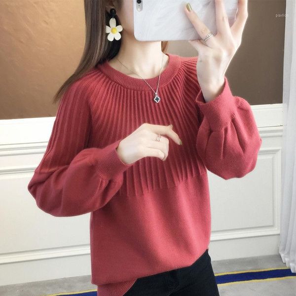 

hong kong style ageing sweater women round neck loose lantern sleeves knitted long-sleeved base pullovers jumpers female 20201, White;black