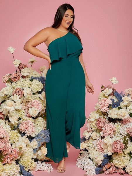 

plus one shoulder ruffle trim wide leg jumpsuit e1ih#, Black