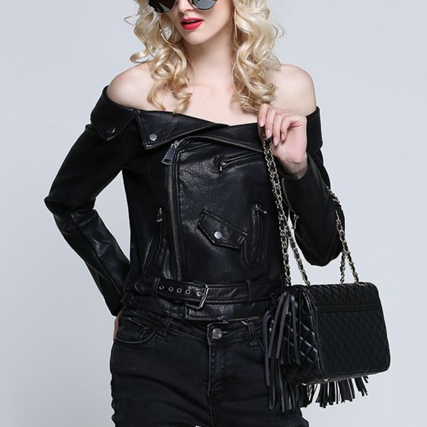 

women off the shoulder long sleeve leather jackets from black plutonium solid fall pocket short casual zipper jacket with belt