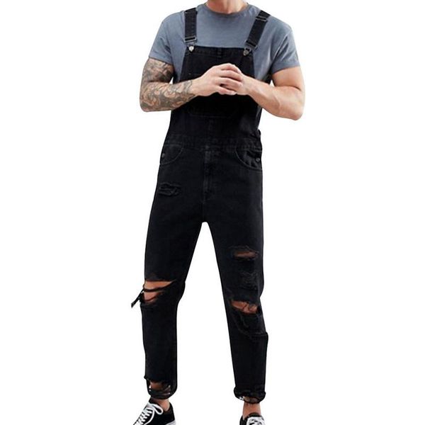 

men's jeans ripped denim bib overalls slim straight coveralls with pocket pants jumpsuits male cargo trousers, Blue