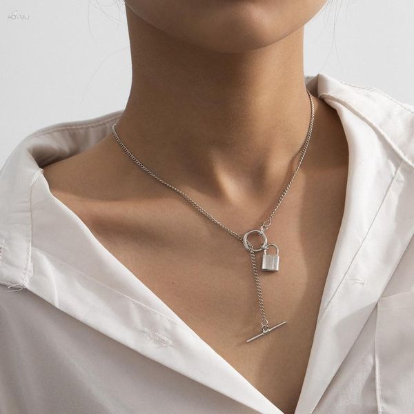 

aomu 2020 fashion simple ot buckle necklace metal gold silver color lock pendant necklace for women party jewelry wmtkcb, Black