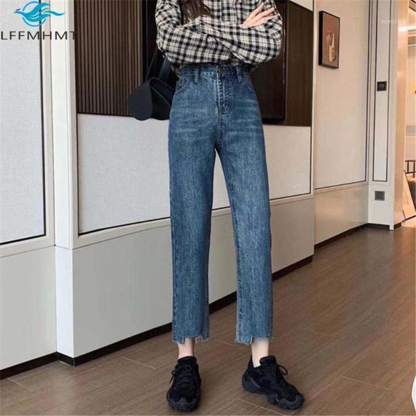 

women summer fashion solid color jeans pants office lady korean style high waist casual slim straight ankle length denim trouser1, Blue