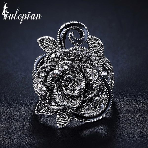 

iuan brand new arrival retro crystal jewelry anti allergy big flower shape elegant vintage rings for women #rb3999, Slivery;golden