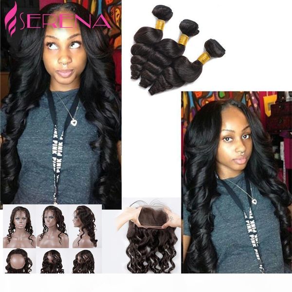 

brazilian virgin hair with frontal closure bundle 360 frontal with bundles brazilian loose wave 3 bundles with frontal closure, Black;brown