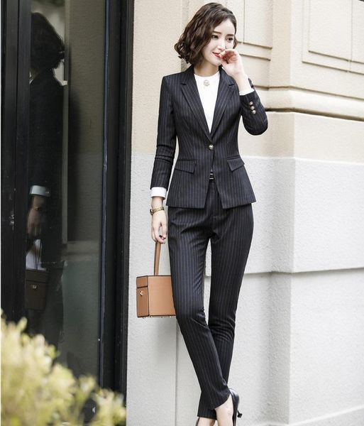 

fashion striped 2020 spring fall blazers women business suits with pencil pants and jackets ladies pants suits1, White