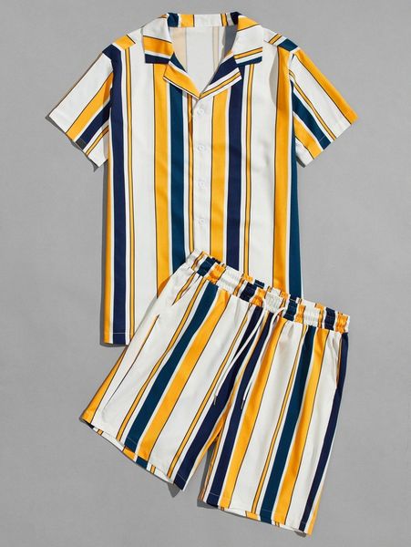 

men colorful stripe button up shirt & drawstring shorts y1zm#, Gray