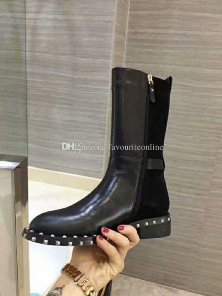 

orignal box] new arrival womens rivet mid-calf real leather knight winter motorcycle square heel boots size 35-41, Black