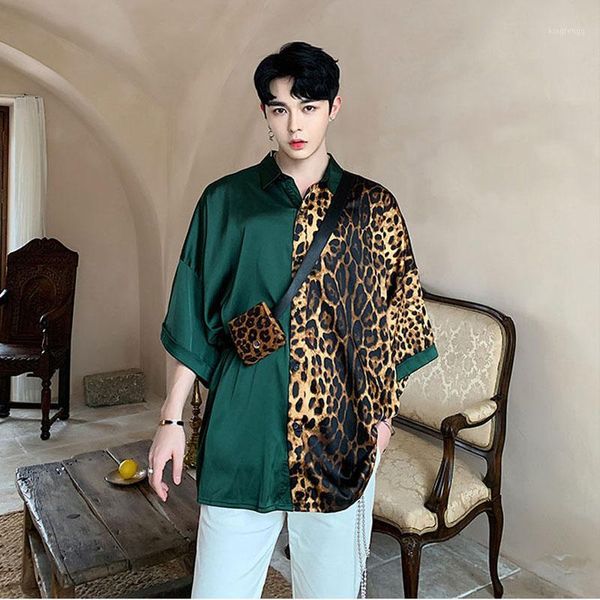 

male summer oversize streetwear hip hop loose shirt men contain bag leopard print silk style casual short sleeve shirt1, White;black