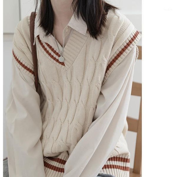 

sweater vest women stripe color contrast v-neck loose simple classic elegant office ladies vests chic leisure new knitting 1, Black;white