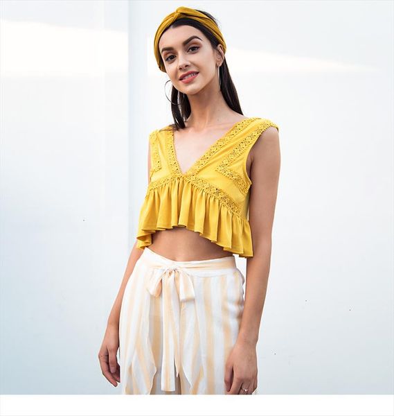 

v neck chiffon camisole tank women ruffle backless short shirt tee summer casual streetwear lace crop top, White