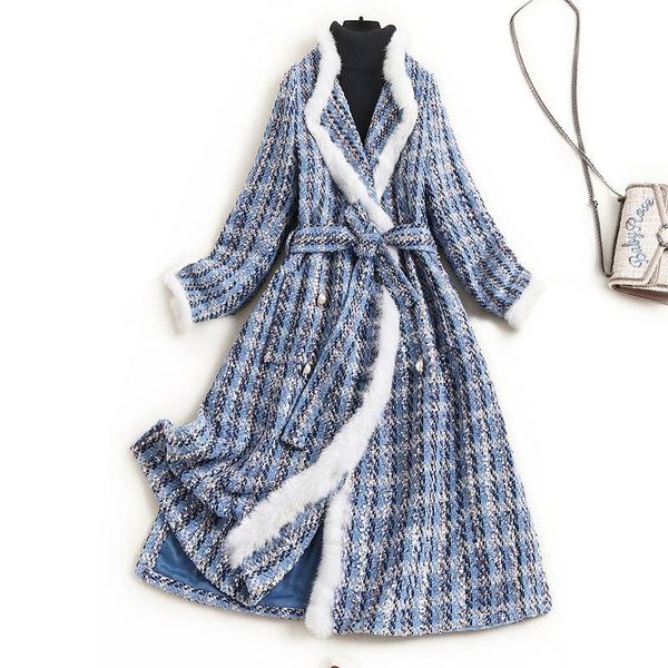 

women's wool & blends quality splicing hair small fragrance lapel coat 2021 winter long plaid 16115, Black