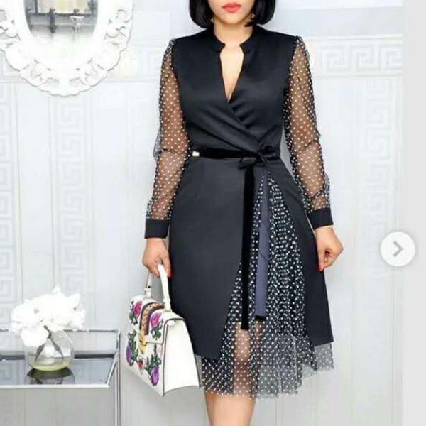 

women dress patchwork mesh long sleeves with waist belt office ladies fashion modest female navy blue black white large ladies, Black;gray