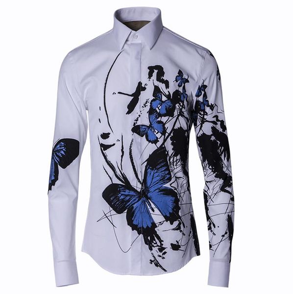 

men's casual shirts 2021 men shirt luxury butterfly print long sleeve slim fit mens dress party nightclub man, White;black