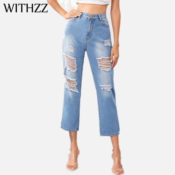 

withzz spring autumn hole denim pantstrousers torn straight pants women's ripped jeans1, Blue
