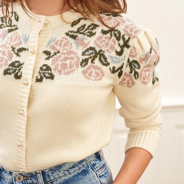 

women rose pattern sweater lady o-neck single-breasted cardigan female knitwear female vintage outwear, White