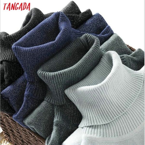 

tangada winter women solid turtleneck sweater pullovers silver lurex gray ladies white basic sweaters slim fit warm aqx03 201128, White;black