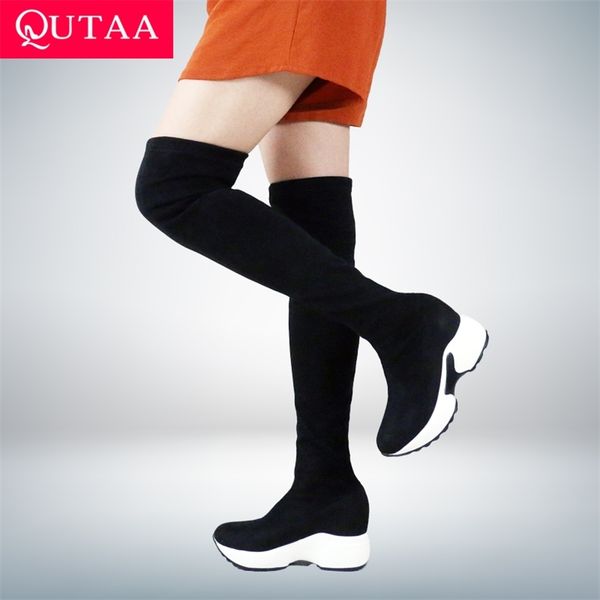 

qutaa stretch fabrics over the knee boots height increasing round toe women shoes autumn winter casual long boots size34-43 201215, Black