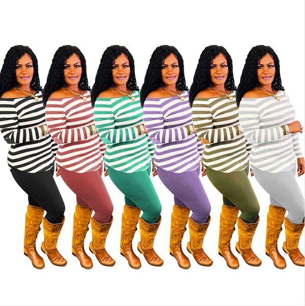 

women tracksuit pullover sweater trousers outfit striped two piece clothing set new designers t shirts sweater legging pants suit e122211, Gray