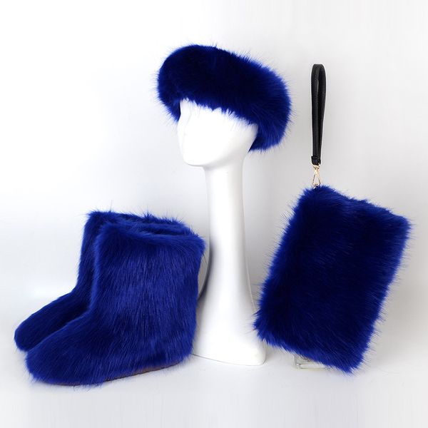 

women lady faux fox fur snow boot bag set 3 pieces headband with fur lined lining winter plus size furry fluffy fuzzy outdoor mid-boot, Black