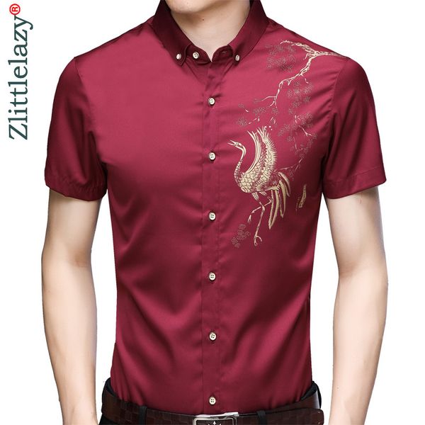 

2020 short sleeve social peacock men shirt dress casual slim fit summer male shirts mens fashions streetwear clothing camisa 679 c1211, White;black