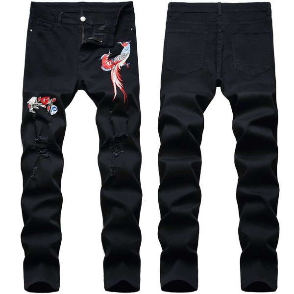 

embroidery fashion hole stretch slim men's jeans trendy black feet, Blue