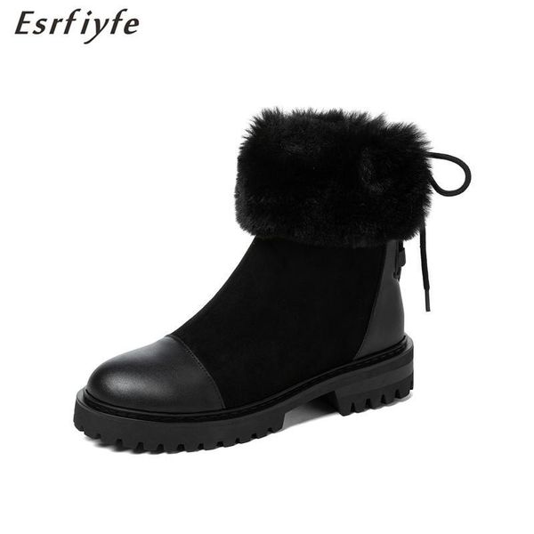 

boots esrfiyfe 2021 winter warm snow platform plush fur ankle women thick heels chunky ladies party shoes, Black