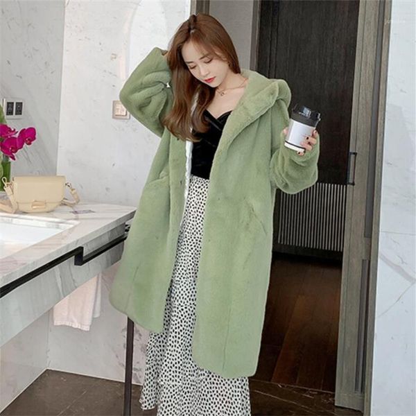 

2020 new autumn winter faux fur coat women mink velvet long hooded jacket loose thick warm fake fur coat women fashion overcoat1, Black