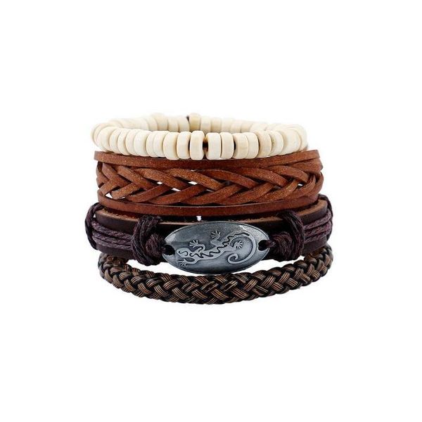 

4pcs vintage men's leather bracelet wood stone beads charm multilayer braided men bracelet pulseira masculina wmtjsc, Golden;silver