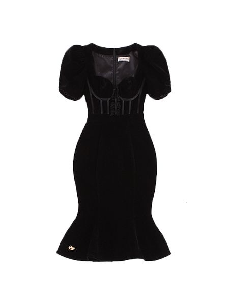 

2021 new le palais original vintage black velvet sleeve knee-length length square trumpet dress feminine 20cz, Black;gray