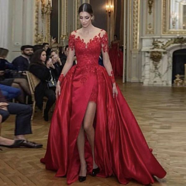 

illusion satin mermaid evening dresses lace appliques illusion neck long sleeves backless prom dress formal party gowns, Black;red