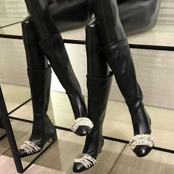 

boots brand design women black med heels knight string bead autumn winter shoes woman knee-high botas mujer invierno 20211