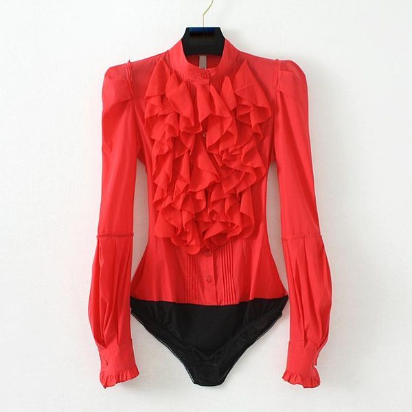 

stand collar ruffles lantern sleeve body blouse women long sleeve office work wear blusas mujer de moda 2020 red white1, White