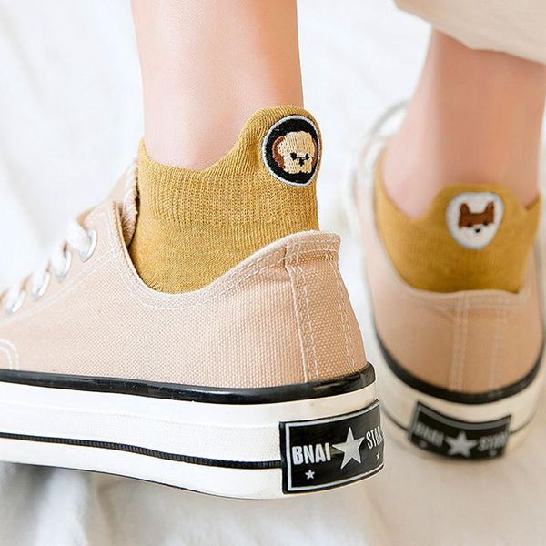

cotton fashion women cute college funny socks ankle happy expression candy color kawaii animal dog embroidered winter ab socks wmtozf, Black
