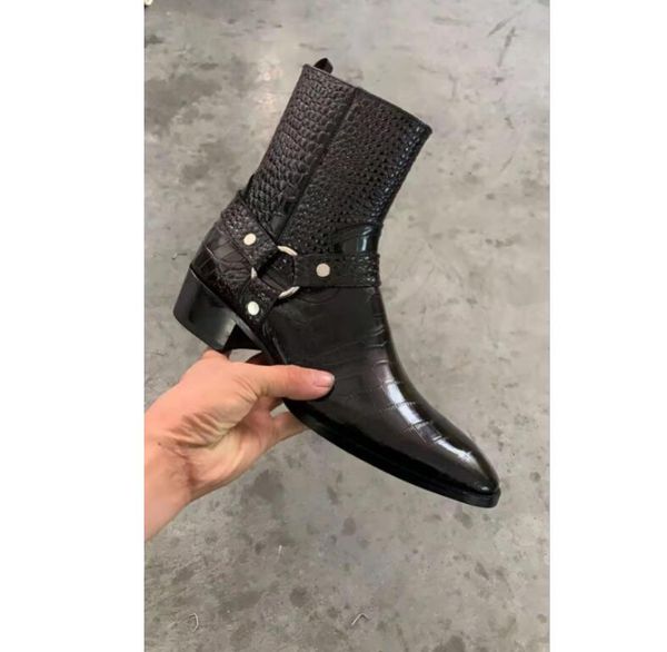 

handmade men crocodile pattern genuine leather boots factory outlet high persional slp western motor biker men wedding boots, Black