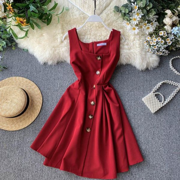 

2021 new summer vintage vest square collar mini female button without sleeves asymmetric lady dressed short dress q9dr, Black;gray