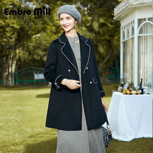 

double-sided wool coat women's autumn and winter new street style elegant mid-length lapel double breasted woolen coat s-xl1, Black