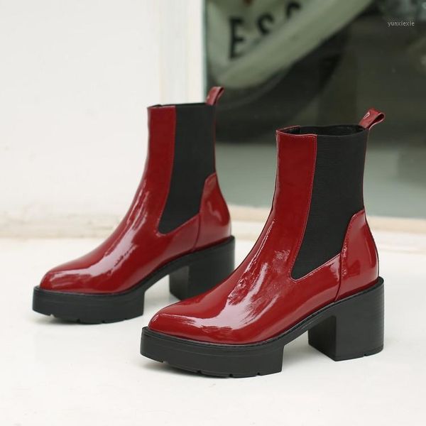 

burgundy shiny leather platform ankle boots elastic band winter black heel comfort shoes women1