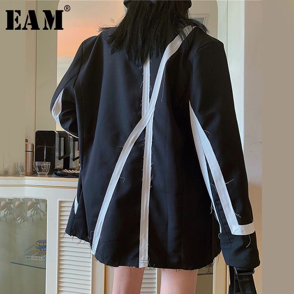 

[eam] women black split joint burr big size blazer new lapel long sleeve loose fit jacket fashion spring autumn 2020 lj201021, White;black