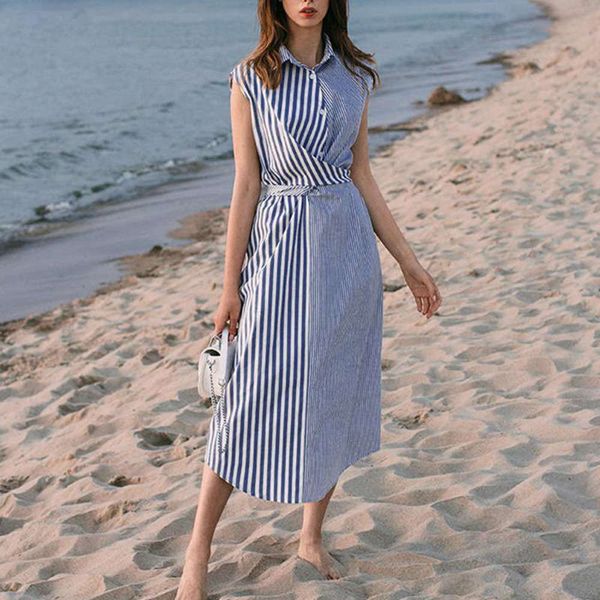 

summer 2020 new high spring end women's holiday style striped belt stitching shirt sleeveless dress looks thin, Black;gray